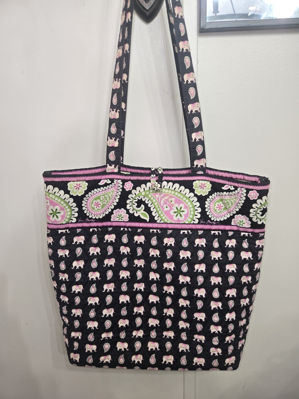 Retired Vera Bradley Black Quilted Tote with Paisley Elephant Print